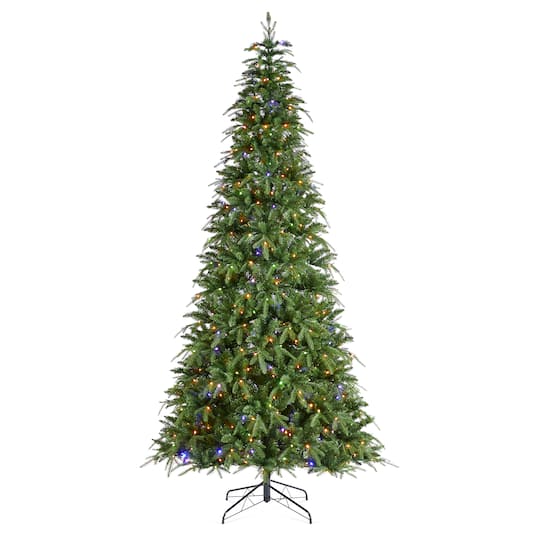 Glitzhome® 9ft Pre-Lit Green Slim Fir Artificial Christmas Tree, Multicolor LED Lights